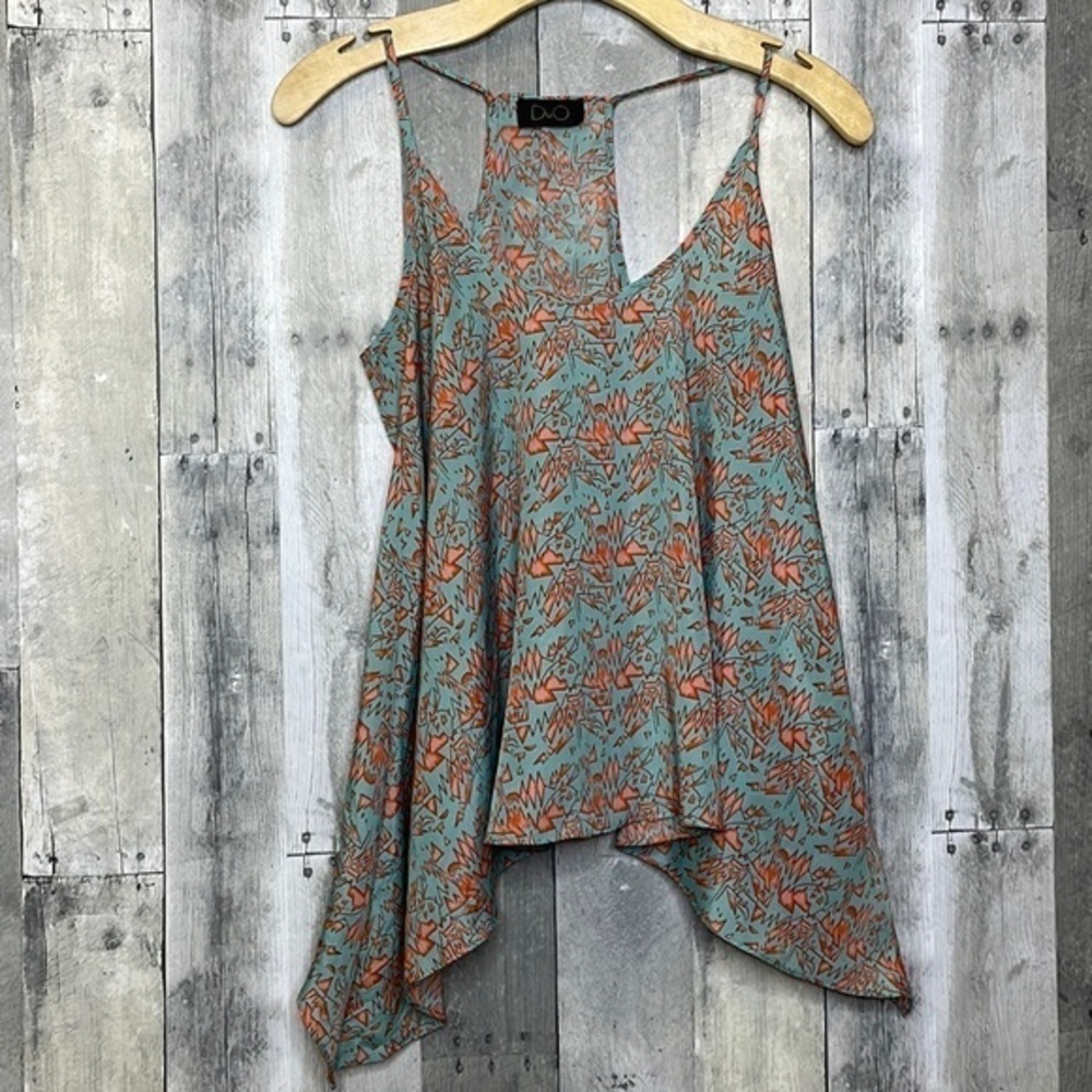 DUO halter top blouse. Turquoise with orange‎ / tangerine geometric shapes. GUC